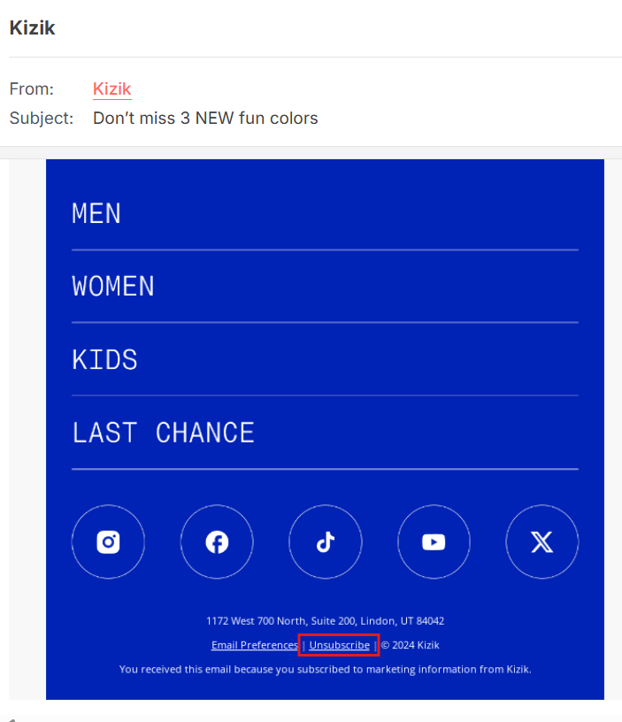 Email footer example showing clear unsubscribe link and contact information for compliance with email marketing regulations